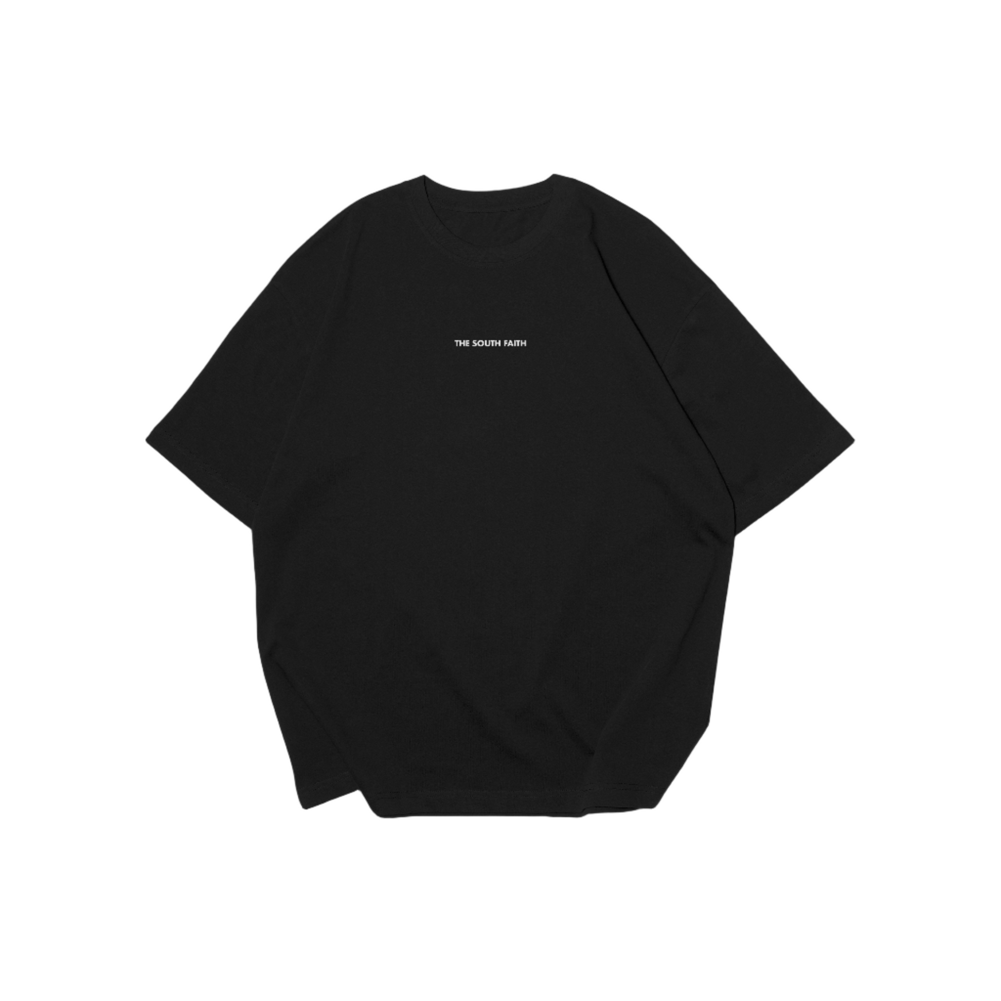 Black t-shirt with white text on a gray background